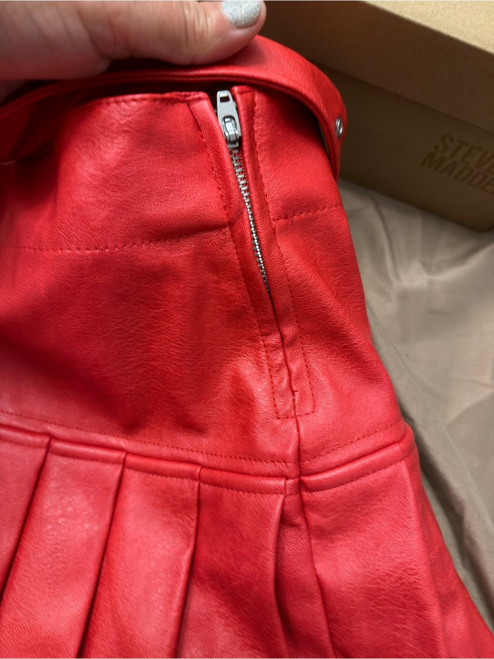 Fashion Nova Red Pleated Faux Leather Mini Skirt with Studded Belt - Picture 3 of 10